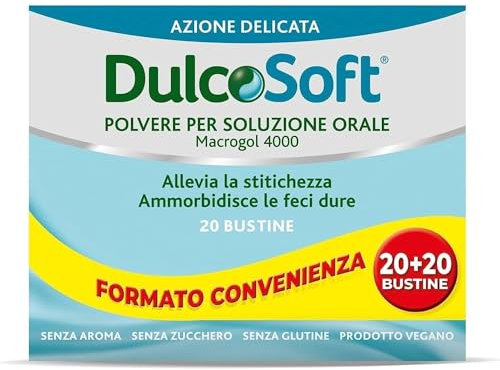DulcoSoft Lassativo con Macrogol, Rimedi Stitichezza Adulti e Bambini - Senza Glutine, Senza Zucchero - Lassativo Delicato per Irregolarità Intestinale, Stipsi (40 Bustine)
