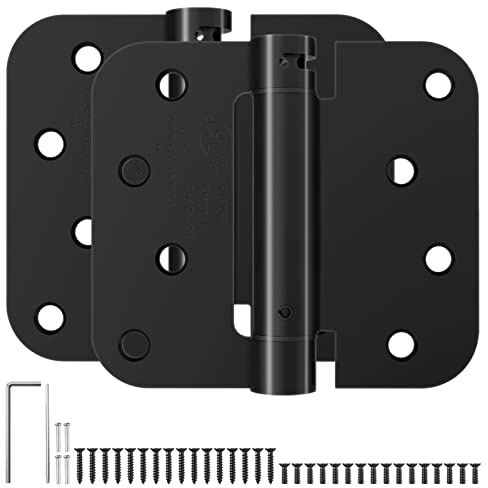 HOSOM Self Closing Door Hinge 4 Inch Spring Loaded Hinge Adjustable Tension for Garage, Front Door, Back Door, UL Listed, for Left and Right Hand Door, 5/8'' Radius Corners, Matte Black, 2 Pack
