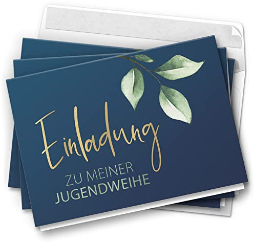 10 Jugendweihe Einladungskarten Jungen - Motiv Blau Zweige Blätter - moderne Einladungen Klappkarten mit Umschlägen