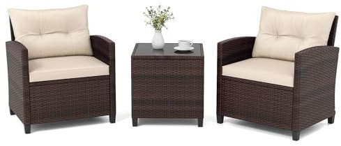GIANTEX Salon de Jardin 2 Personnes en Rotin, Mobilier Jardin avec 2 Fauteuils, Coussins Amovibles, Table Basse Plateau en Verre Trempé, pour Balcon, Cour, Marron + Blanc