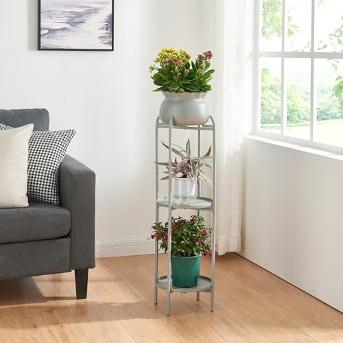 [en.casa] Blomstativ Altena växtstativ med blomkruka och 2 hyllor metall grå växthylla 94,5 x 27 x 27 cm blompelare för inomhus blomkruksställ