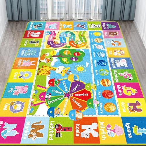 DINSUMRUG Barnmatta för lekrum, baby lekmatta med alfabet, månad, väder, vecka och former ABC pedagogisk matta, lekmatta för sovrum klassrum (200 x 150 cm, pariserhjul)