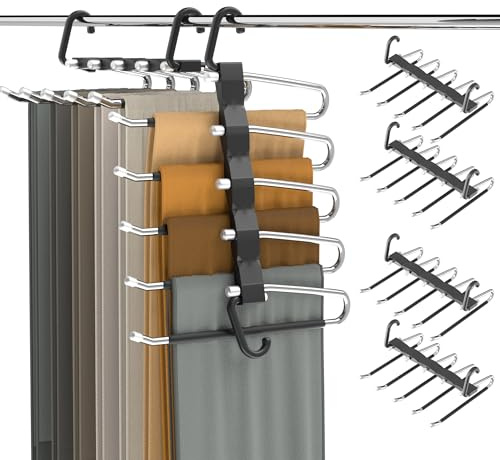 Pants Hangers Space Saving - 4 PCS Closet Organizer and Storage Jean Hangers, Stainless Steel Anti-Slip Clothes Hanger Scarf Holder Pants for Jeans Leggings Trousers Rack for Back to School, Black