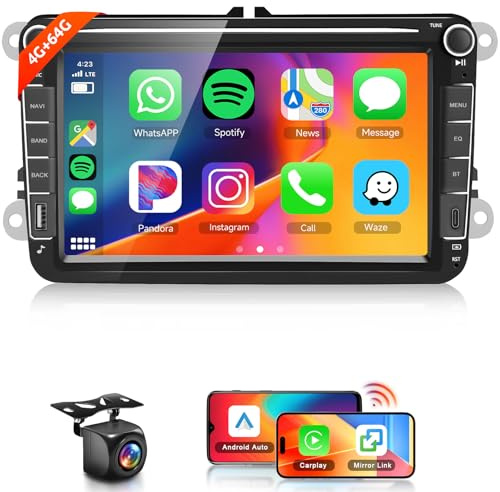 【4+64G】 Hodozzy Carplay bilradio för VW Passat Golfsäte Altea Skoda Octavia med USB/USB-C/GPS/WiFi, VW bilradio 7 2 Din Bluetooth med Android Auto/32 EQ/FM/RDS/SWC+backkamera