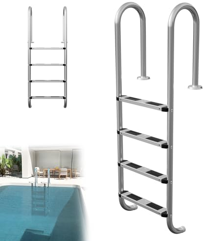 Suusolny Scala da piscina in acciaio inox a 4 livelli (altezza 157 cm) con gradini antiscivolo e corrimano curvo, scala per piscina da 1,4 a 1,6 m, stabile e resistente alla corrosione, con accessori
