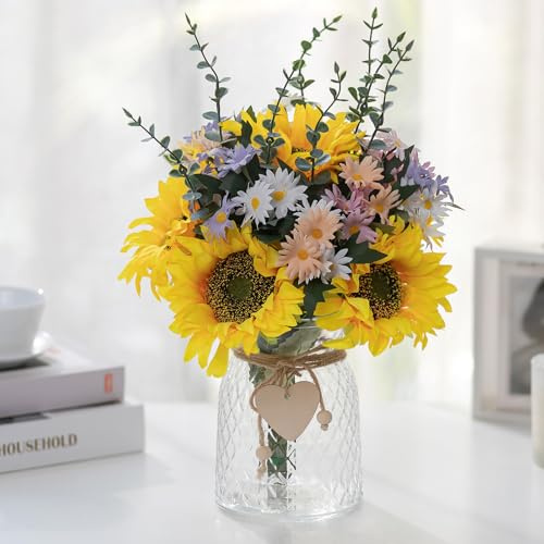 Nuptio Fiori Finti In Vaso per Tavola: Bouquet Girasoli Fiori Artificiali per Interno Casa Cucina Salotto - Moderno Finte Piante Centrotavola per Festa Decorazioni