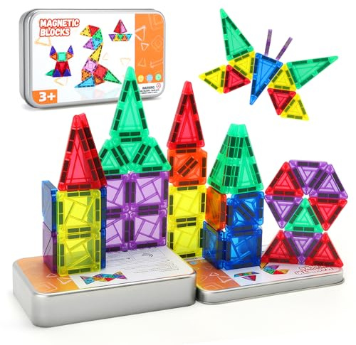 Lot de 42 blocs de construction magnétiques pour enfants - Jouet de voyage avec boîte en métal - Jouet de construction magnétique STEM Montessori - Jouet magnétique pour garçons et filles