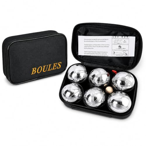 DUAS French Boules Petanque Balls Set in Chrome Steel 3/6/8 Piece Outdoor Game Kit with Wooden Jack, Measuring String and Zipped Carry Case for Garden Beach Camping