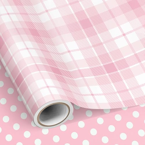 Neloheac Rosa rutigt presentpapper, vändbar vit, prickig design, 43 cm x 10 m per rulle för flickor, födelsedag, bröllop, alla hjärtans dag, brudfest