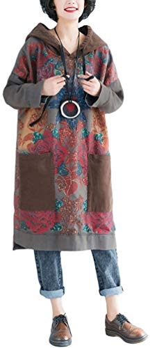 YuanDian Mujer Otoño Invierno Vestido De Sudadera con Capucha Jersey Largo Manga Larga Oversize Casual Literatura Arte Estilo Retro Impresión Holgado Suéter Largo Sudaderas Grandes 14# Café