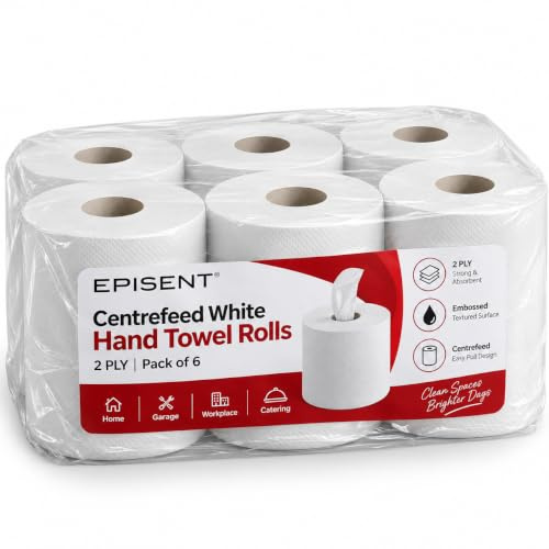 EPISENT White Centrefeed Rolls 2 Ply Embossed Kitchen Paper Towels Pack of 6 Strong Absorbent Centre Feed Wiper Roll for Home Kitchen Garage and Commercial Cleaning