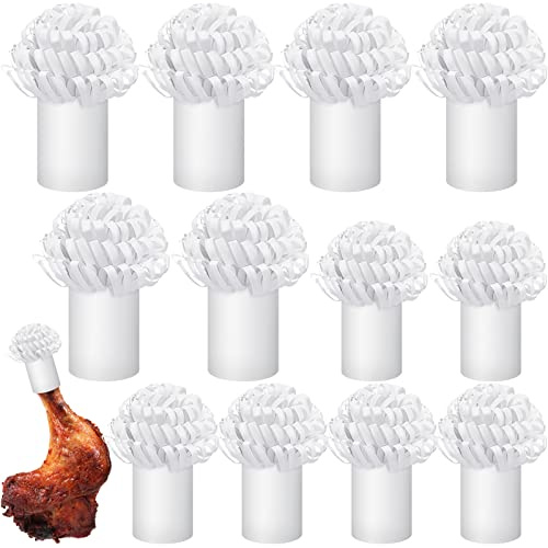 12 Pcs Decorative Paper Holders for Chops Turkey Leg Paper Pork Chop Frills Turkey Frills White Paper Pork Lamb Chop Frills Small Chicken Leg Holders for Rib Roast Culinary Food Presentation, 2 Sizes