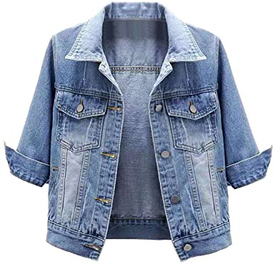 Locachy Womens 3/4 Sleeve Short Denim Jacket Lapel Button Down Cropped Trucker Jean Jackets Coats Light Blue XL