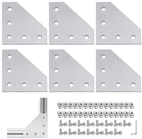 L-Förmige Eckhalterungs Verbindungsplatte 6 Stück Eckhalterungsplattemit M5-T-Muttern+M5-Schrauben+chraubenschlüssel für Standard-Aluminium-Extrusionsprofil mit 6 mm Schlitz 2020