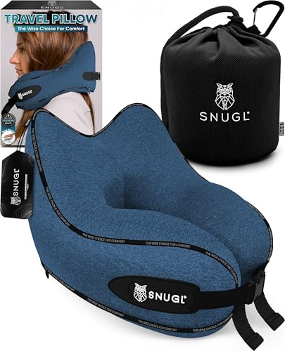 SNUGL Travel Pillow – Memory Foam Neck Pillow for Travel – Support Cushion for Airplane with Carry Bag & Clip - Holiday Essentials (Blue - Adult Regular)