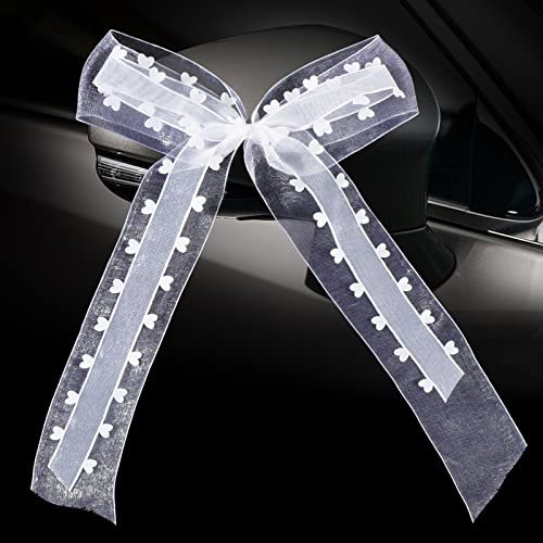 BOFUNX 10 Stücke Autoschleifen Hochzeit Weiß Antennenschleifen mit Herzen Hochzeitsschleifen Hochzeitsdeko Autoschmuck Geschenkschleife