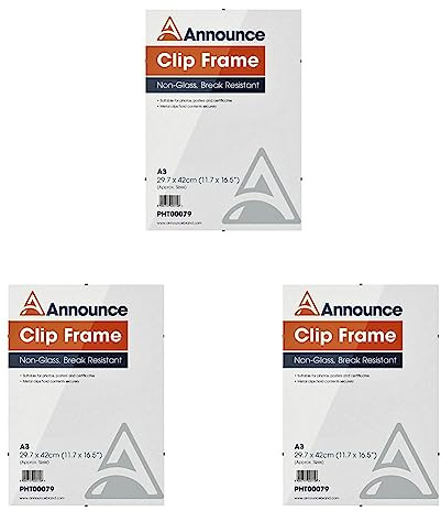 Hampton Frames CLIP Photo Poster Display Clip Frame Perspex Acrylic (Non Glass) A3 (29.7x42cm) CF3042NG (Pack of 3)