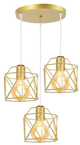 iDEGU 3 Luces Lámpara Colgante Vintage E27 Iluminación de Techo Retro Pantalla de Metal Diseño Jaula Geométrica Lámpara de Techo Industrial para Dormitorio, Comedor, Salon, Comedor (Redondo, Dorado)