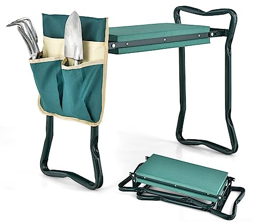 KOMFOTTEU Kniebank, Faltbarer Gartenhocker mit Schaummatte und 2 Werkzeugtasche, Gartenbank für Knieschutz, 58cm x 28cm x 13/49cm, für Gartenarbeit (Mit 2 großen Werkzeugtaschen)