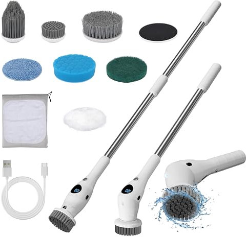 RealPlus Electric Spin Scrubber, New Cordless Cleaning Brush with 8 Replaceable Brush Heads, 3 Speeds and Adjustable Extension Handle