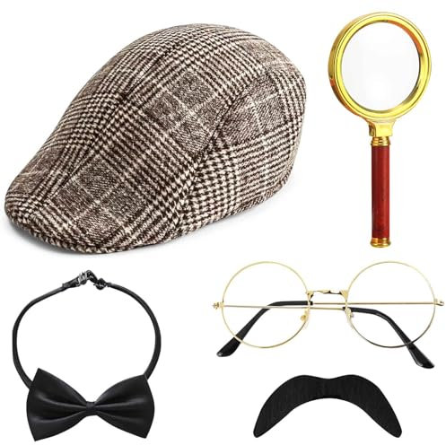 5 Stück Detektiv Kostüm Zubehör Set, Sherlock Holmes Kostüm Accessoires mit Detektiv Hut Brille Falscher Schnurrbart Lupe Fliege Detektiv Cosplay Requisiten für Fasching Karneval Cosplay Party