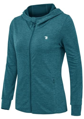 Rdruko Chaqueta para mujer con capucha y cremallera completa, UPF 50+, protección solar UV, chaqueta deportiva ligera de manga larga para correr, yoga, fitness, azul, S