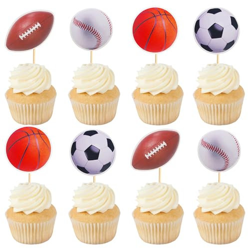 Arthsdite 24pcs Sports Cupcake Toppers Baseball Cupcake Picks Football Soccer Ball ToothPicks Rugby Basketball Cake Decorations for Sports Balls Theme Boys Men Birthday Party Supplies