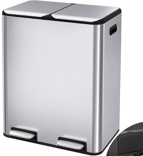 Arlopu 16Gal Dual Trash Can w/2 Built-in Box for Odor Control, Hands-Free Kitchen Garbage Bin, Recycle Waste Dustbin, Soft-Close Lid, 2 Buckets,Foot Pedal, Side Handle, Airtight,for Home (Silver)