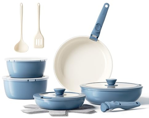 Redchef Ensemble de casseroles et poêles antiadhésives en céramique 16 pièces avec poignée amovible, batterie de cuisine non toxique, sans PFAS PFOA et PTFE, pour camping, passe au lave-vaisselle et