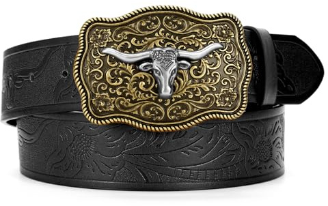 SUOSDEY Western cowboy läderbälten för män kvinnor Texas långhorn tjurspänne blommig graverat präglat läderbälte för jeans, Svart (guldspänne), Fit waist size 35-38