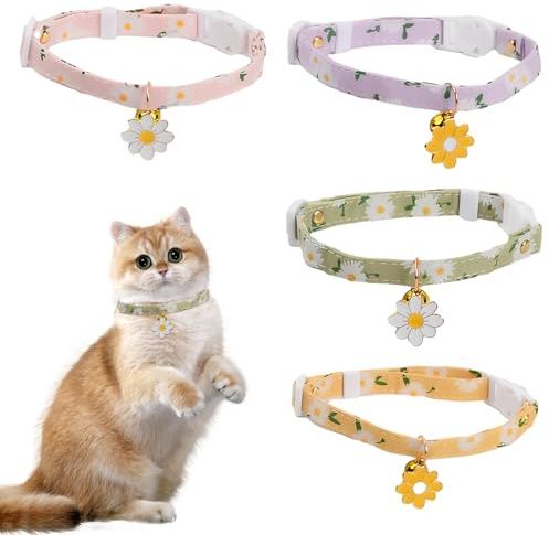 Husalsea 4 Pièces Collier Chat Personnalisé avec Clochette, Collier Ajustable pour Chat et Chaton (18-30 cm) avec Fermeture de Sécurité, Collier Chat Anti-Étranglement et Personnalisable