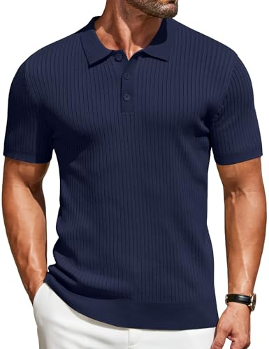 COOFANDY Polo de Manga Corta para Hombre, de Punto, para Tiempo Libre, de Punto Fino, Azul Marino, L