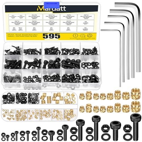 Mardatt 595Pcs M2 M2.5 M3 M4 M5 Brass Threaded Inserts with Hex Socket Head Cap Screws Nuts Kit, Brass Heat Set Insert Metric Knurled Nuts & Machine Screws and Nut for Plastic 3D Printing Components