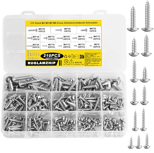 210 Piezas M3 M4 M5 M6 Tornillos Autorroscantes, Tornillos de Cabeza de Cruz Champiñón, Autoperforantes de Cabeza Plana Phillips