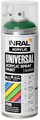 INRAL Bombe de peinture universelle Vert mousse brillant RAL6005 400 ml Bombe de peinture pour métal, plastique, bois et pierre Haute couverture, résistante à la pluie et aux UV pour l'intérieur et