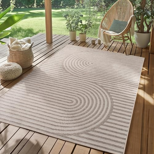 SIMPEX Outdoor Teppich Wetterfest Beige 240x340 cm, UV-beständig, ideal für Küche, Balkon, Terrasse, Garten Wohnzimmer Esszimmer, Skandinavisches Boho-Design, Pfelgeleicht
