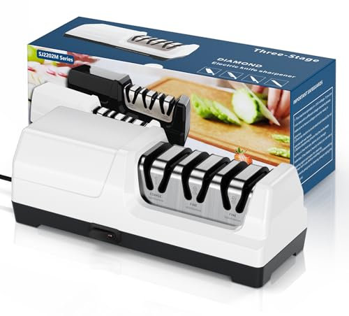 Aiguiseur de couteaux électrique MusyVocay 100% diamant, aiguiseur de couteaux de cuisine professionnel à 3 niveaux et 20 degrés avec guide d'angle de précision pour un affûtage grossier (Blanc)