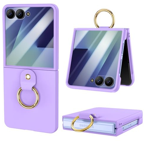HWeggo Funda para Samsung Galaxy Z Flip 7 Phone, Funda ultradelgada para con Protector de Pantalla Exterior y Anillo, Funda Liviana a Prueba de Golpes y arañazos - Púrpura