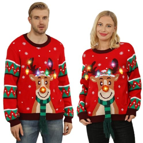 Kouric Jersey Navideño con Luces,Jersey Navideño Feo con Estampado de Reno con Bufanda,Ugly Christmas Sweater,Suéter Navidad Mujer/Hombre,Jerseys Navidad Pareja,Jerseys Navideños Rojo