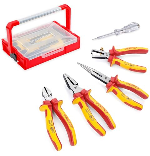 CRIPOP 4 tlg VDE-isolierter Zangen-Satz, 1000V, inkl. 190mm Kombizange, 165mm Seitenschneider, 160mm Abisolierzange, 210mm Langnase & Spannungsprüfer,mit Aufbewahrungsbox für Profis