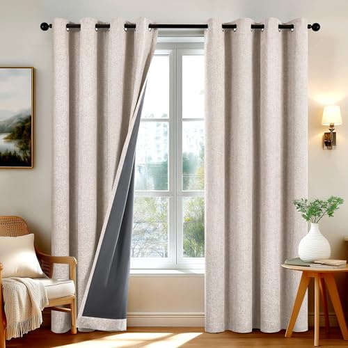 Deconovo Cortinas Opacas para Salón y Dormitorio 100% Opacas, Cortinas Térmicas Aislantes Frío y Calor, Textura Lino con Ojales, Lino, 140x290 cm, 2 Piezas