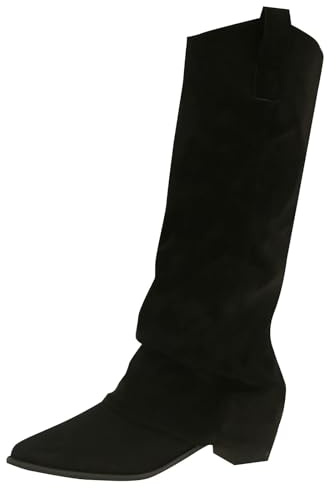 Generisch Stivali sopra il ginocchio, da donna, sexy, largo, elasticizzati, in pelle scamosciata, con tacco Slouchy, stivali lunghi, Nero , 35 EU