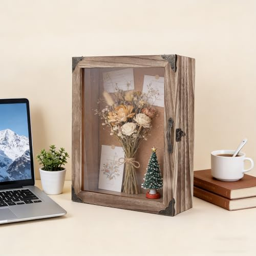 NBEADS Marco de fotos 3D, caja de sombra de madera, 28 x 33 x 12 cm, madera de pino, caja de exposición con ventana de acrílico, tapa con bisagras, caja de recuerdos de madera rústica, para flores de