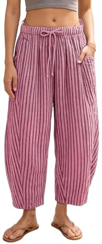 Women's Striped Harem Pants – Loose Fit Casual Trousers with Elastic Waist – Summer Boho Wide Leg Pants with Pockets – Brown