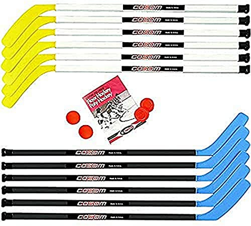 Cosom Junior Hockey Sticks for Floor Hockey and Street Hockey for Kids, Youth Hockey Set, Hockey Equipment for Physical Education, 16 Pieces 12 Plastic Sticks, 2 Pucks, and 2 Balls, 43 Standard Shaft