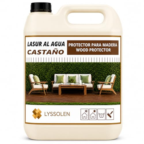 LYSSOLEN Lasur Protector Barniz Madera Exterior e Interior | Al Agua, Poro Abierto, Satinado Color Castaño | Impermeabilizante con Filtro UV para Terrazas, Vallas, Vigas y Muebles | 8 Años | 1 Litro