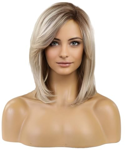 HAIRCUBE Blonde Wigs for Women Bob Shoulder Length Layered Synthetic Dark Roots Hair Wig with Fringe Side Parting