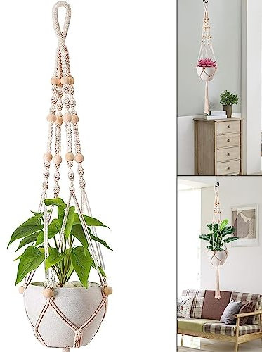 SVUPUE Plant Hangers, Macrame Plant Hanger, Indoor Hanging Planter Basket, Flower Pot Holder Cotton Rope, 100cm with Beads Tassels for Indoor Outdoor, Wall Hanging Plants, Office, Home Decoration