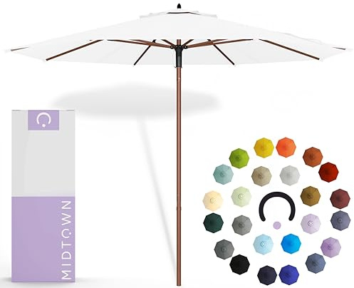 Midtown Umbrellas The Wooden 9 Feet Patio Umbrella With Terylast Ivory (White) Polyester Fabric - Aluminum Frame Market Umbrella For Backyard, Deck, Garden, Pool - Wooden Pole