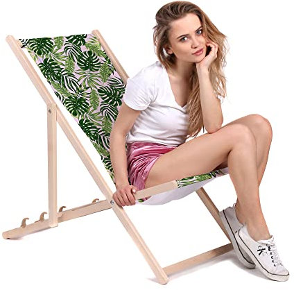 DreamRoots Liegestuhl Klappbar Holz aus Buchenholz, bis 130 kg belastbar, 3-Fach verstellbare Rückenlehne, waschbarer Polyesterbezug